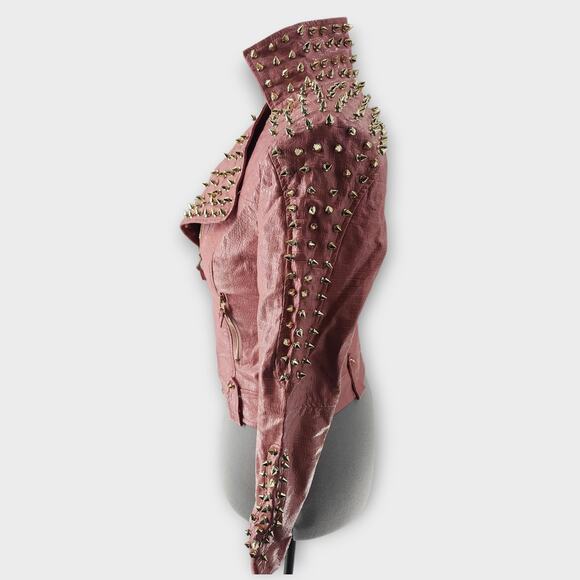 SX Honey Pot Spiked Jacket Womens S Faux Leather Baby Pink Belted Punk Moto NWT - Picture 4 of 10